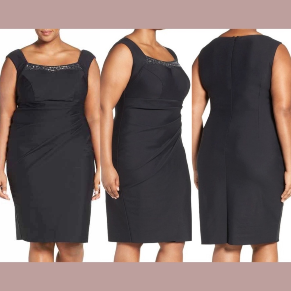 NEW Alex Evenings [ PLUS 16W ]‎ Embellished Neck Ruched Sheath Dress Black